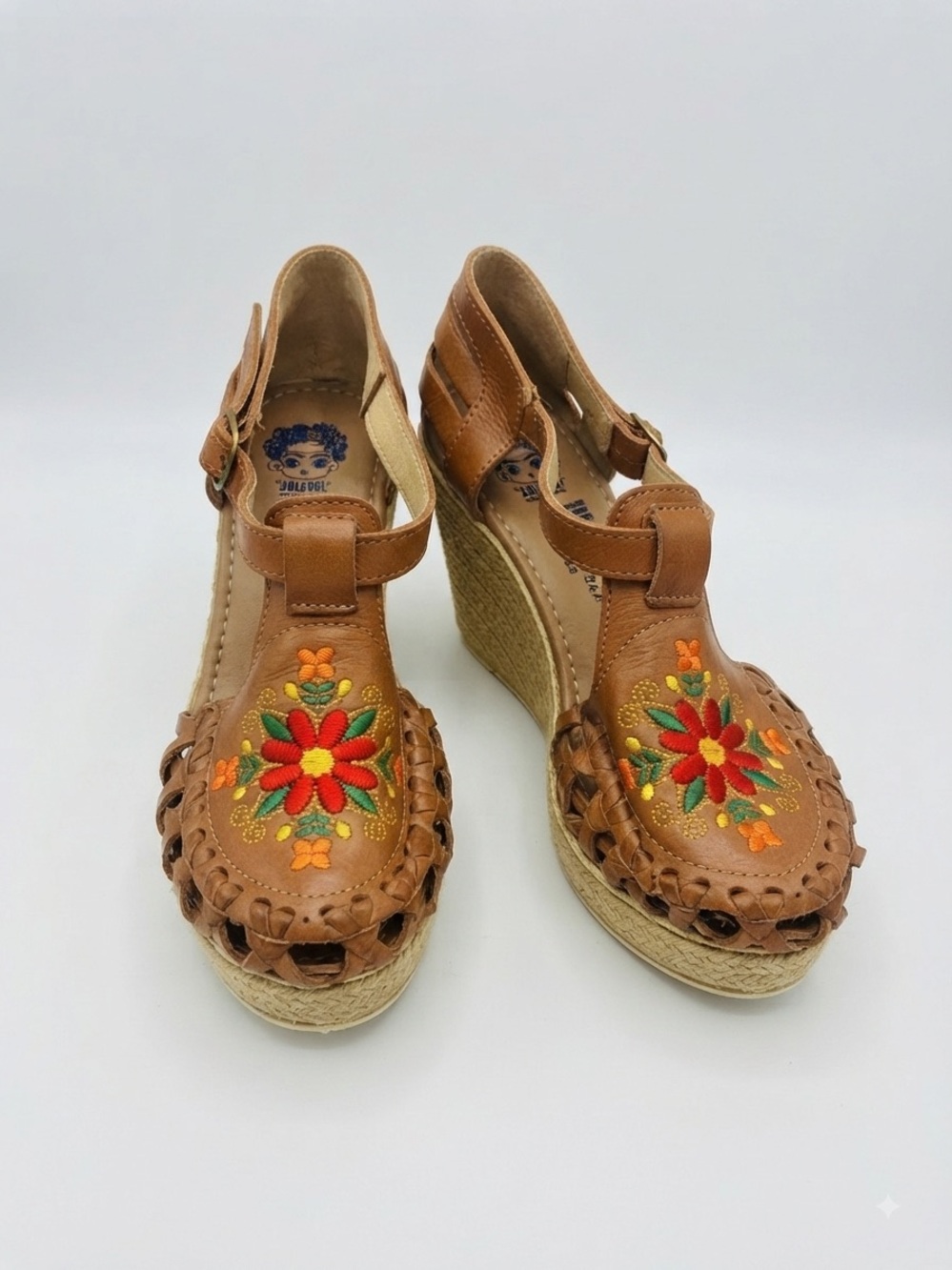 Jolivel Artisan Brown Leather Floral Embroidered Platform Wedge Huaraches 9